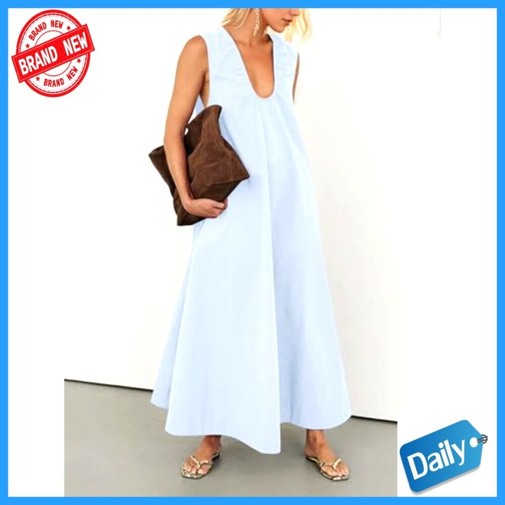 Cotton Maxi Dress Scoop Neck Ruched Side Pockets Swing Sundress - Picture 5 of 6